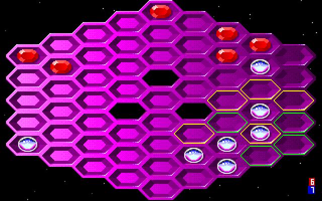 Hexxagon IBM PC/Compatibles Screenshot: The yellow and green grid shows possible moves.