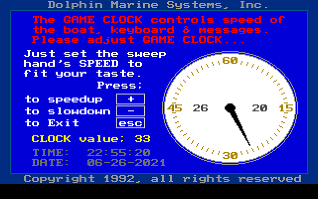 Dolphin Sailing Simulator III IBM PC/Compatibles Screenshot: Adjust the game speed for your CPU...