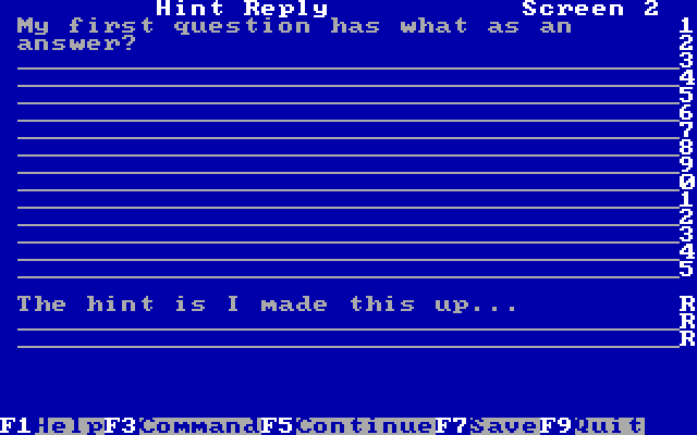 Private Tutor Version 2.00 IBM PC/Compatibles Screenshot: You can add hints, right answers, and wrong answers to your questions.