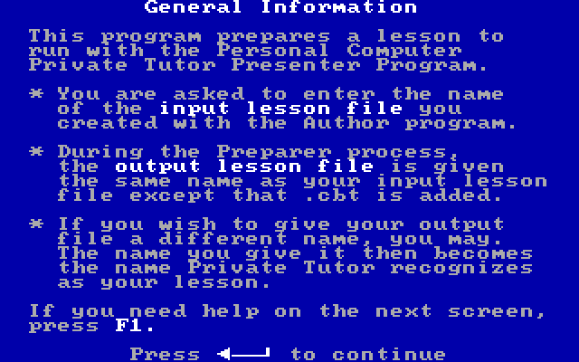 Private Tutor Version 2.00 IBM PC/Compatibles Screenshot: Preparer general information.