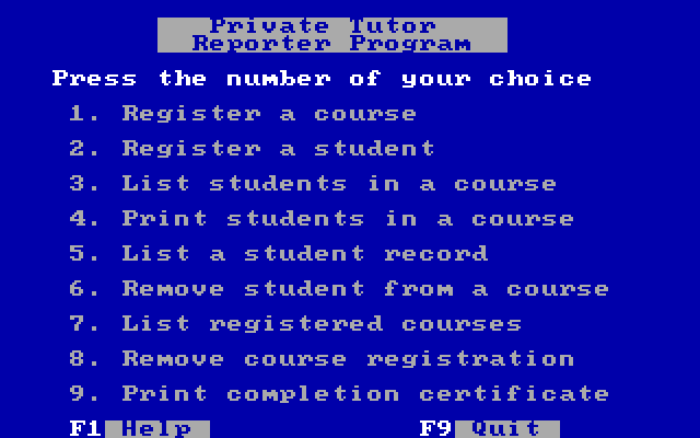 Private Tutor Version 2.00 IBM PC/Compatibles Screenshot: Reporter program menu.