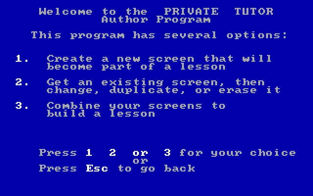 Private Tutor Version 2.00 IBM PC/Compatibles Screenshot: Author program options.