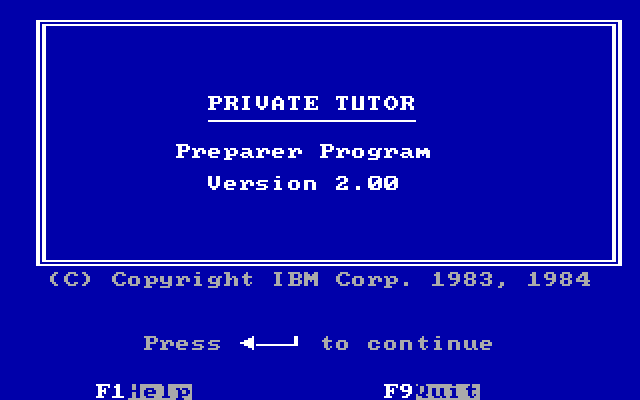 Private Tutor Version 2.00 IBM PC/Compatibles Screenshot: Preparer Program title screen.