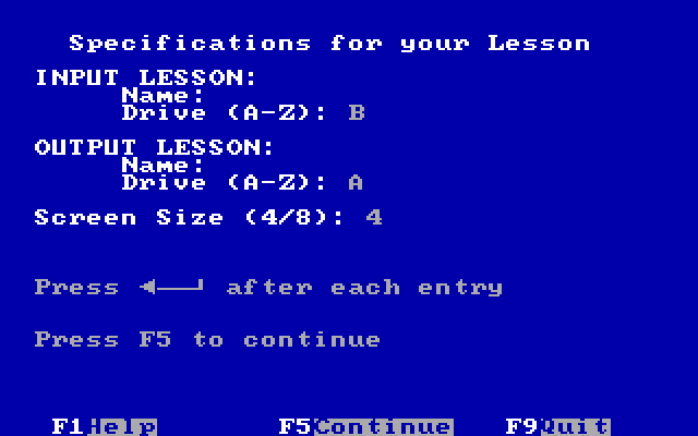 Private Tutor Version 2.00 IBM PC/Compatibles Screenshot: Specifications for your lesson.
