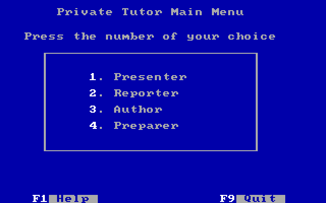 Private Tutor Version 2.00 IBM PC/Compatibles Screenshot: Main menu.