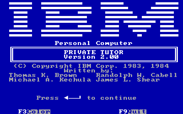 Private Tutor Version 2.00 IBM PC/Compatibles Screenshot: Title screen.
