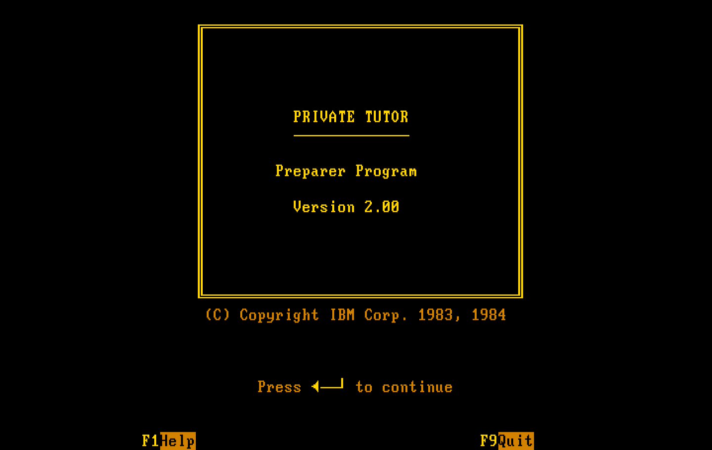 Private Tutor Version 2.00 IBM PC/Compatibles Screenshot: Preparer Program title screen.