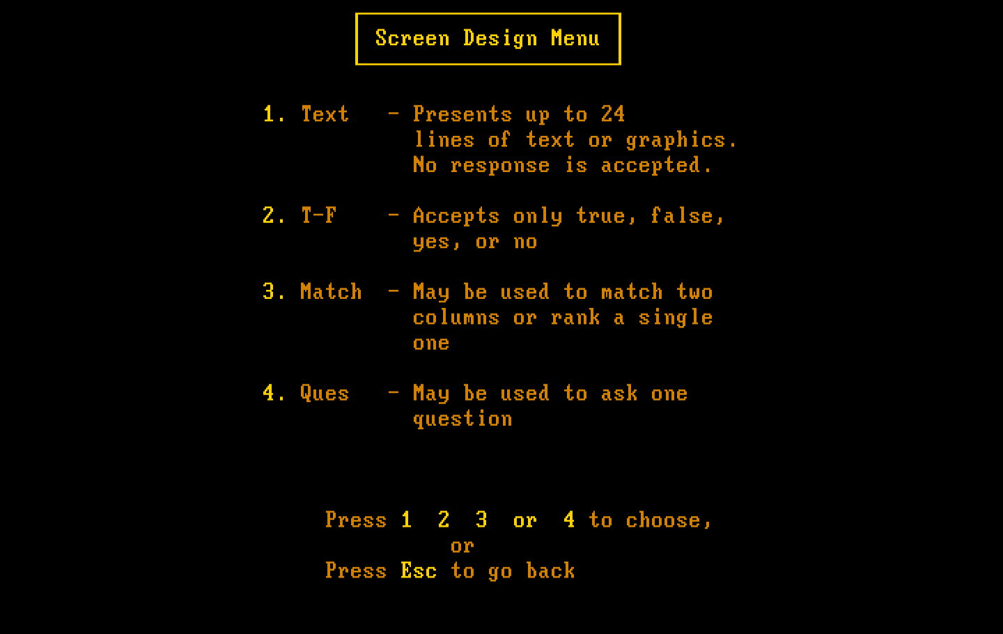 Private Tutor Version 2.00 IBM PC/Compatibles Screenshot: Screen design menu.