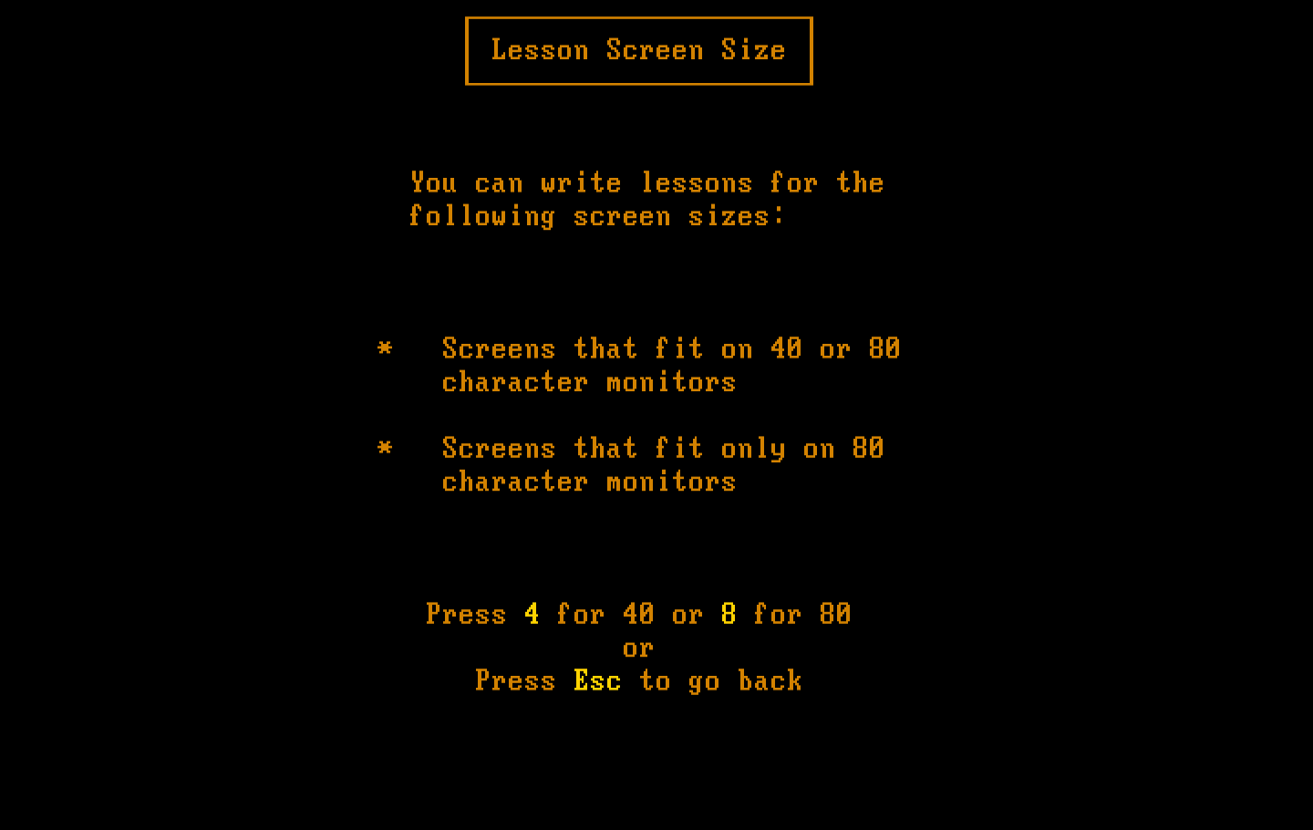 Private Tutor Version 2.00 IBM PC/Compatibles Screenshot: You can create custom lessons for 40 or 80 column displays.