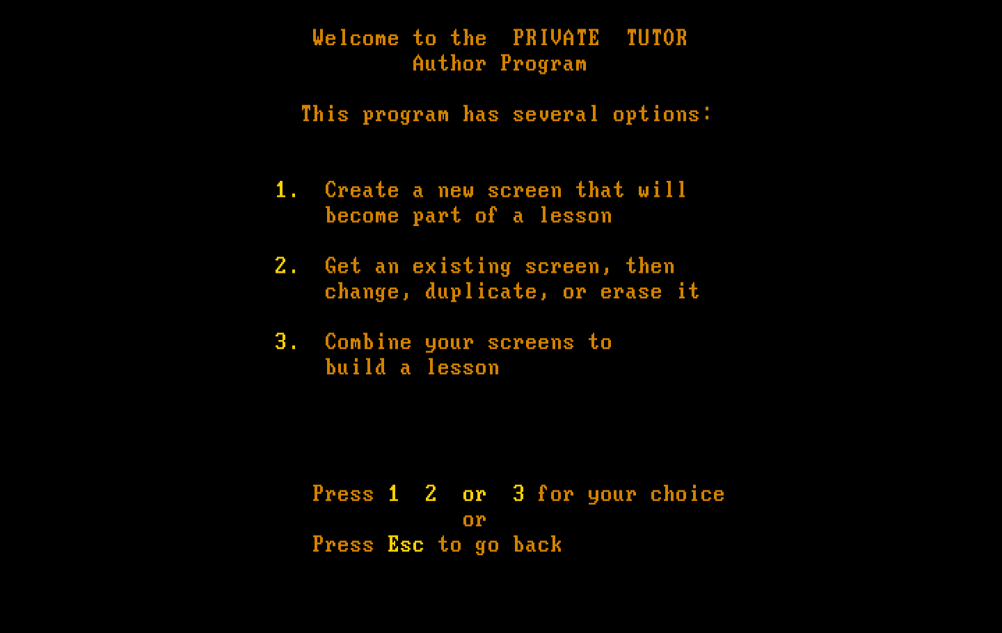 Private Tutor Version 2.00 IBM PC/Compatibles Screenshot: Author Program menu.