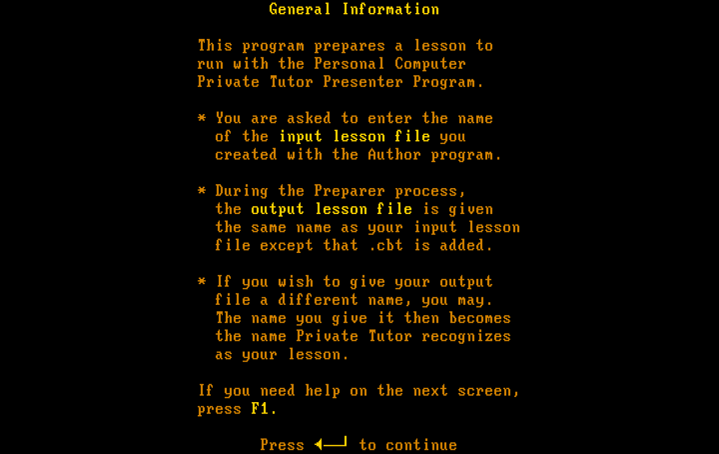 Private Tutor Version 2.00 IBM PC/Compatibles Screenshot: Some general information.