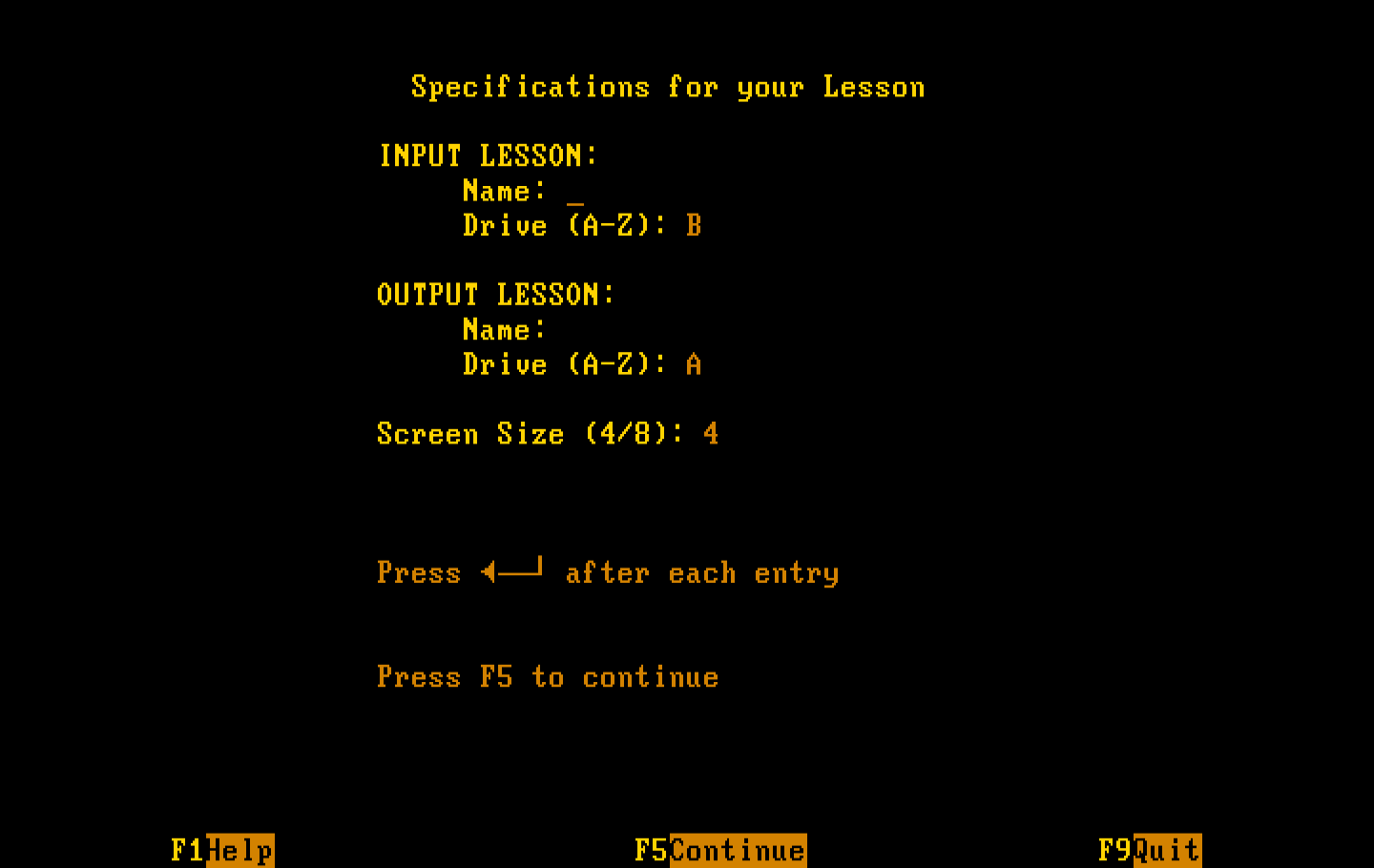 Private Tutor Version 2.00 IBM PC/Compatibles Screenshot: Specifications for your lesson.