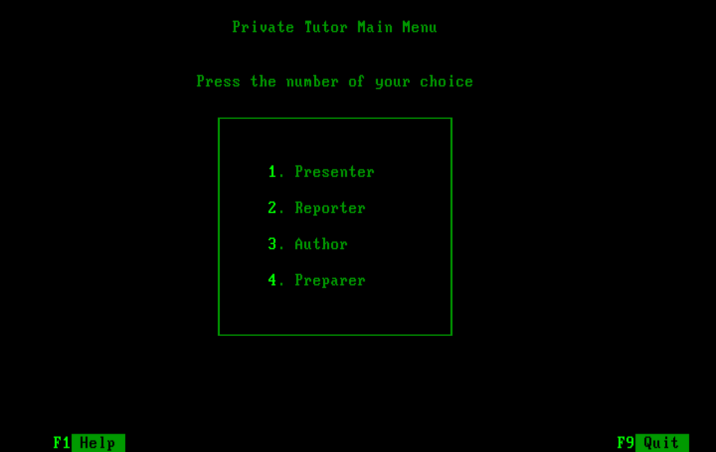 Private Tutor Version 2.00 IBM PC/Compatibles Screenshot: The main menu.