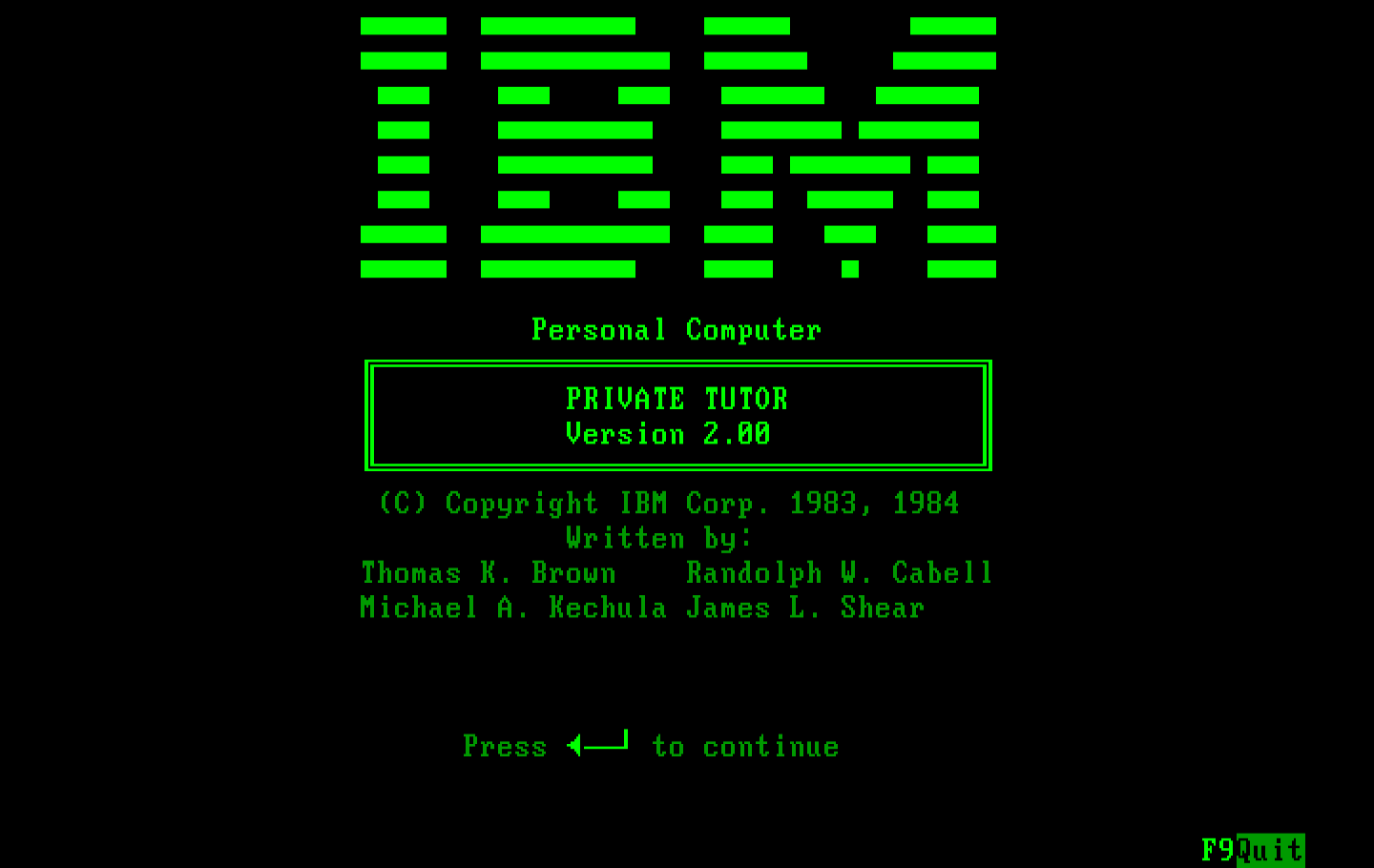 Private Tutor Version 2.00 IBM PC/Compatibles Screenshot: Program title screen.