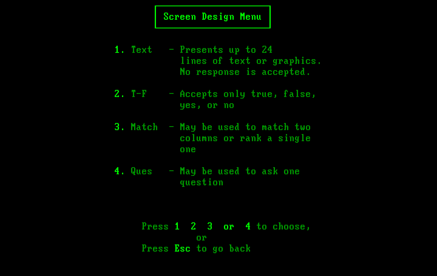 Private Tutor Version 2.00 IBM PC/Compatibles Screenshot: Screen design menu.