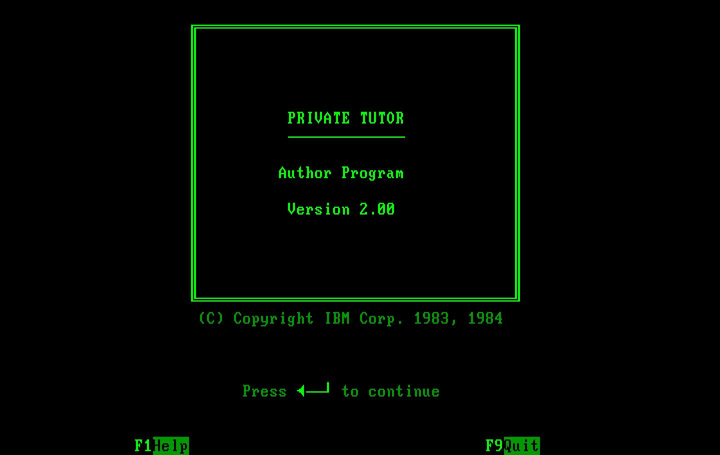 Private Tutor Version 2.00 IBM PC/Compatibles Screenshot: Author Program title screen.