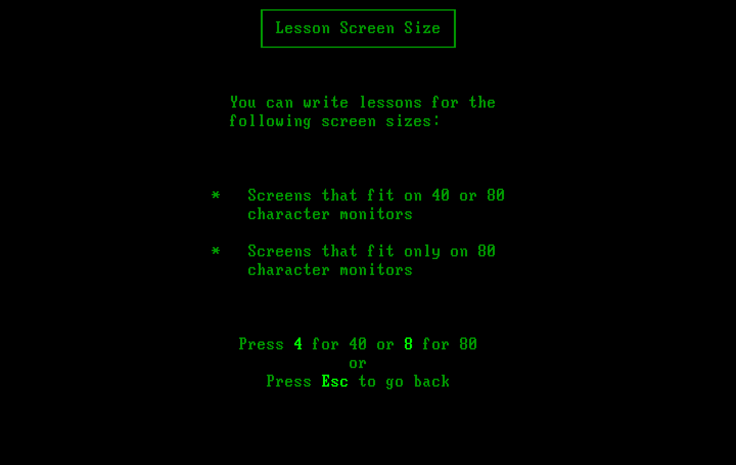 Private Tutor Version 2.00 IBM PC/Compatibles Screenshot: You can create custom lessons for 40 or 80 column displays.
