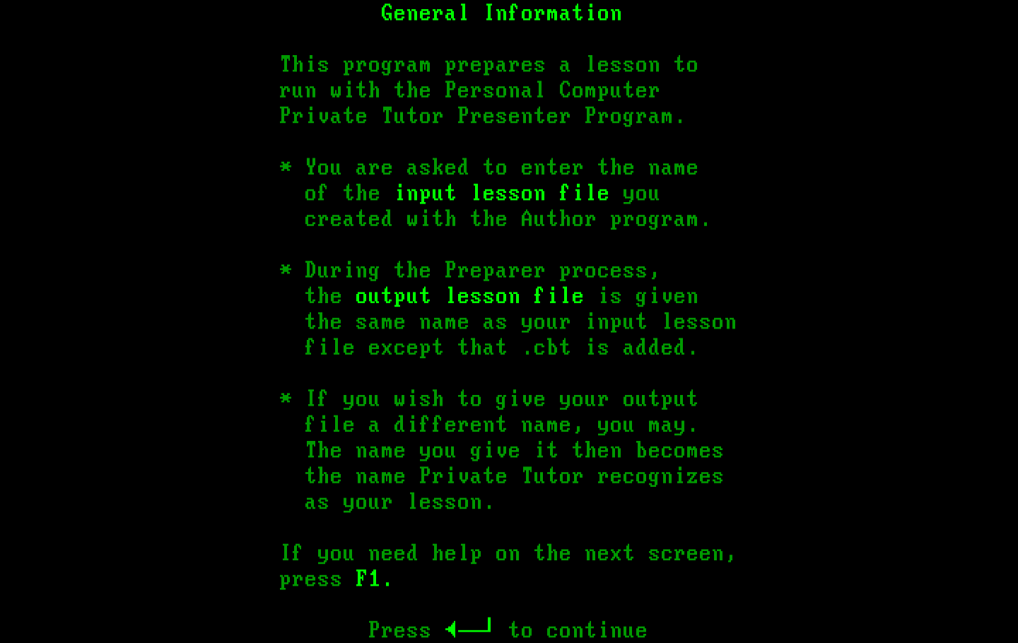Private Tutor Version 2.00 IBM PC/Compatibles Screenshot: Some general information.