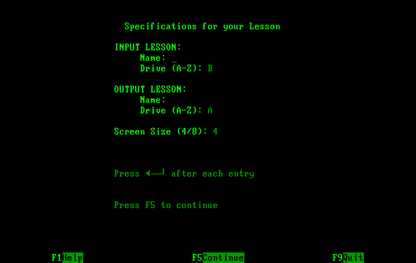 Private Tutor Version 2.00 IBM PC/Compatibles Screenshot: Specifications for your lesson.