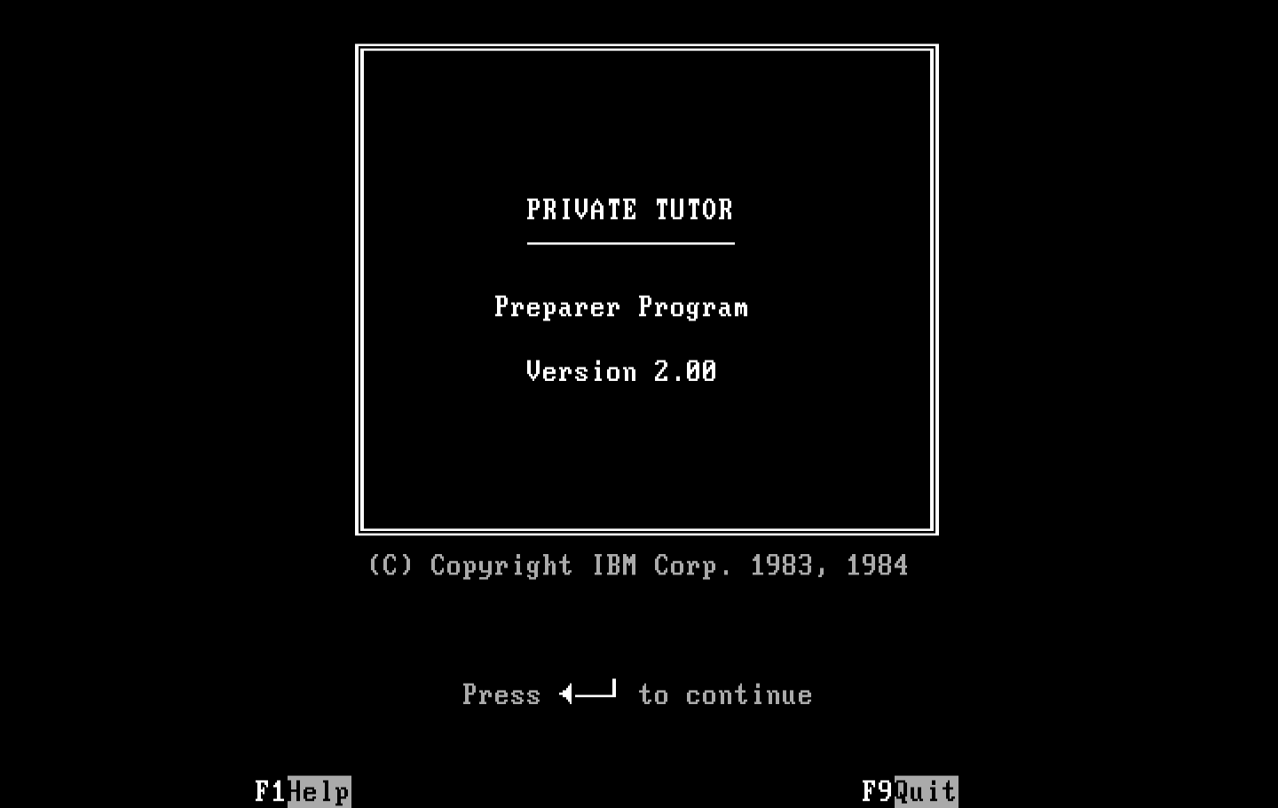 Private Tutor Version 2.00 IBM PC/Compatibles Screenshot: Preparer Program title screen.