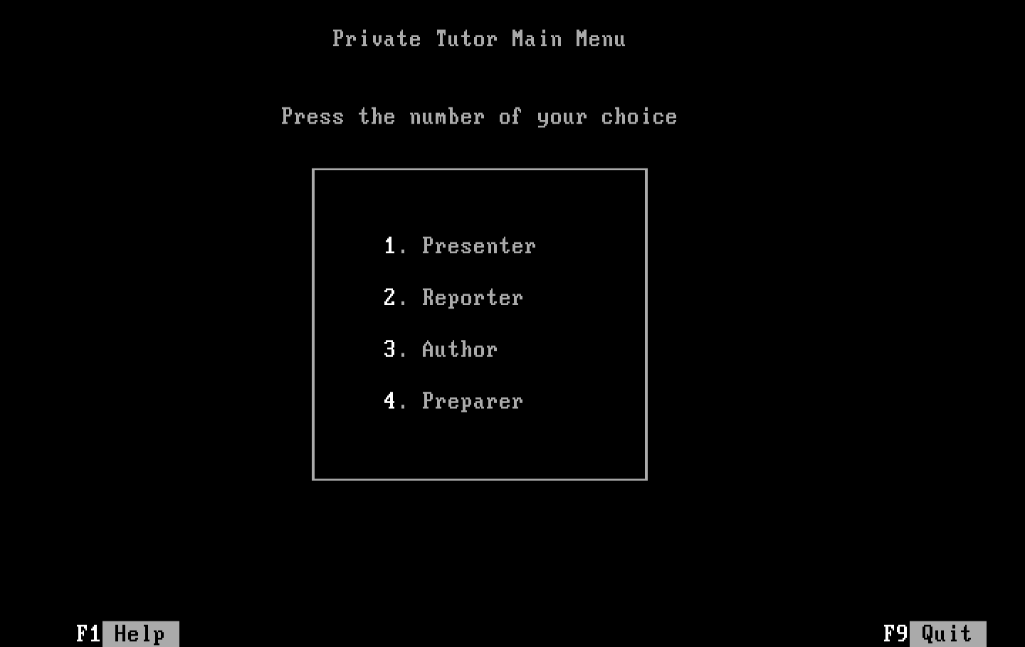 Private Tutor Version 2.00 IBM PC/Compatibles Screenshot: The main menu.
