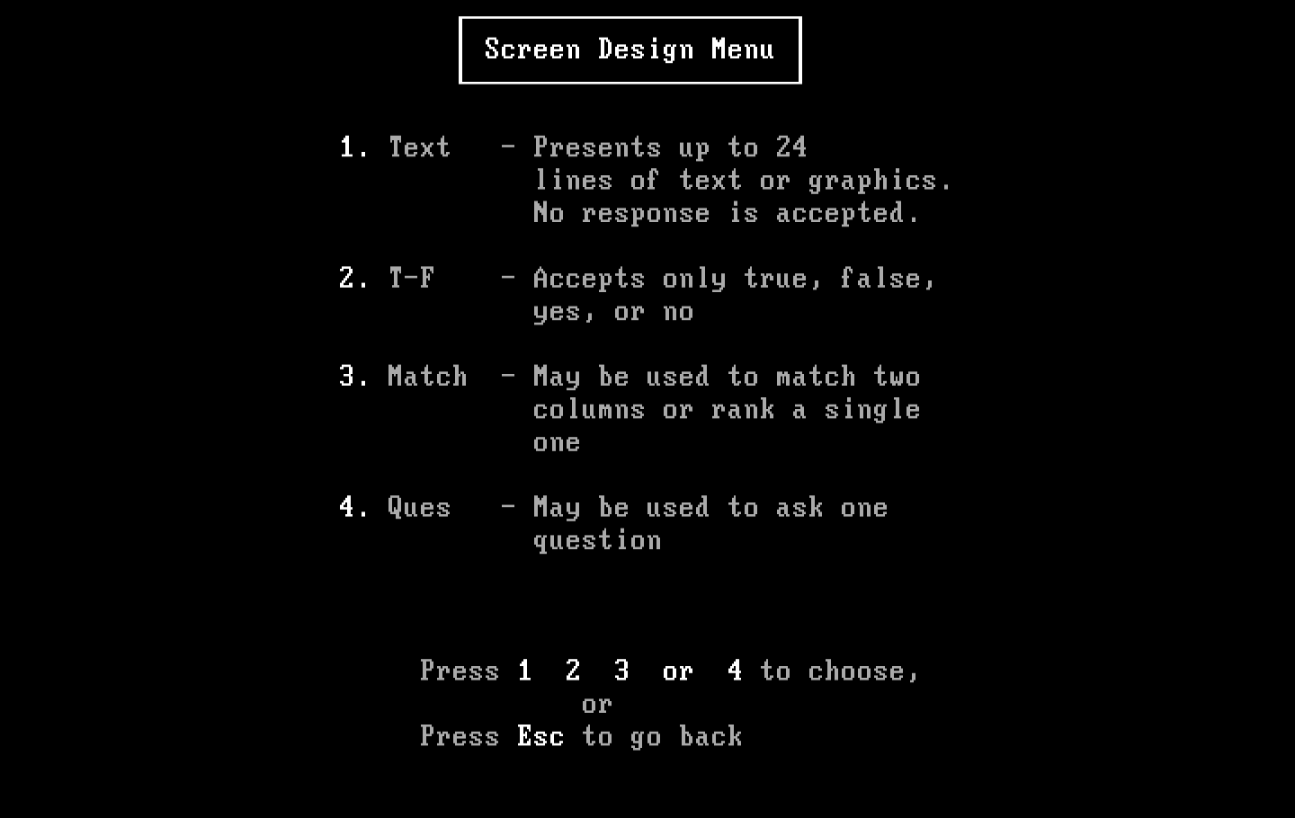 Private Tutor Version 2.00 IBM PC/Compatibles Screenshot: Screen design menu.