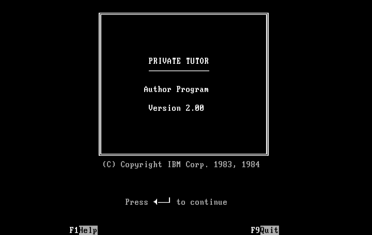 Private Tutor Version 2.00 IBM PC/Compatibles Screenshot: Author Program title screen.