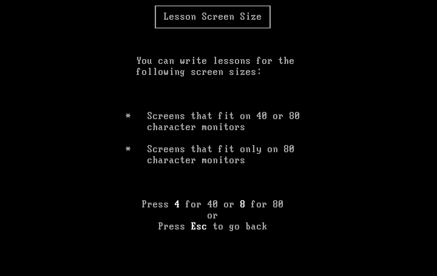 Private Tutor Version 2.00 IBM PC/Compatibles Screenshot: You can create custom lessons for 40 or 80 column displays.