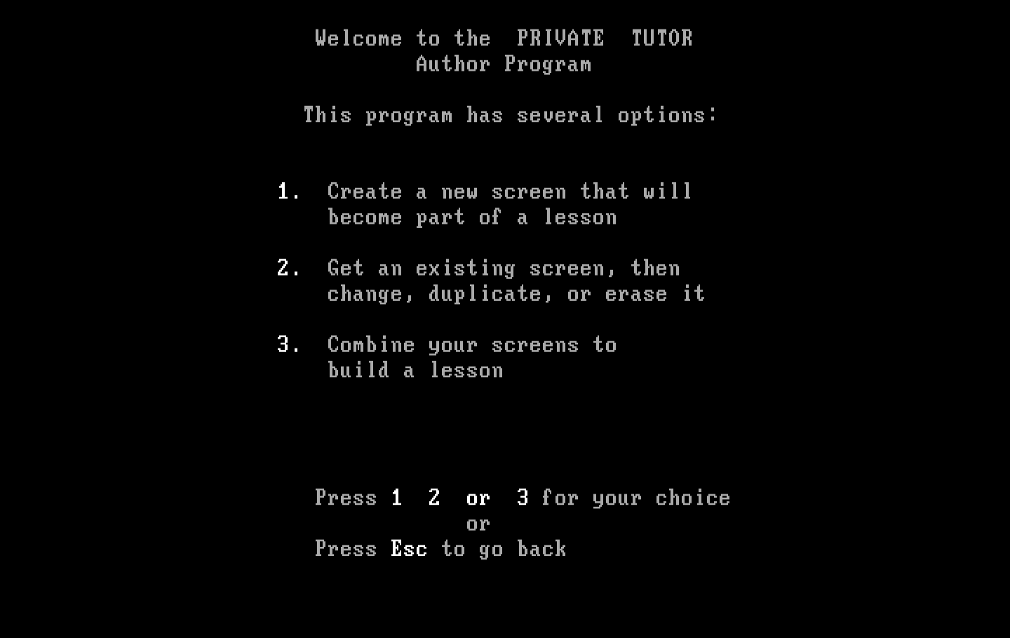 Private Tutor Version 2.00 IBM PC/Compatibles Screenshot: Author Program menu.