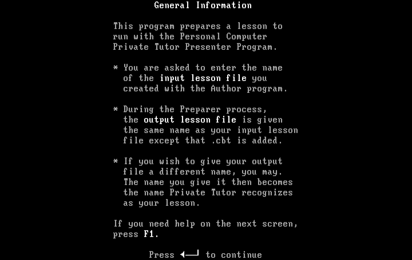 Private Tutor Version 2.00 IBM PC/Compatibles Screenshot: Some general information.