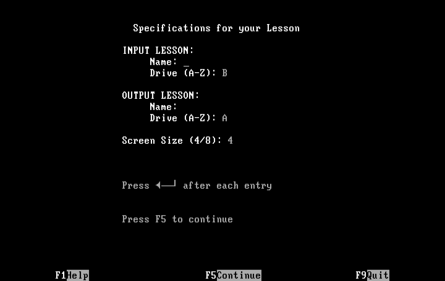 Private Tutor Version 2.00 IBM PC/Compatibles Screenshot: Specifications for your lesson.
