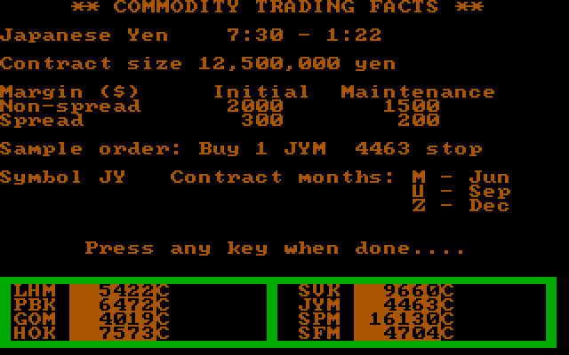 Speculator: A Futures Market Simulator IBM PC/Compatibles Screenshot: Commodity trading facts.