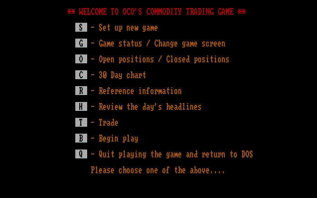 Speculator: A Futures Market Simulator IBM PC/Compatibles Screenshot: Main menu.