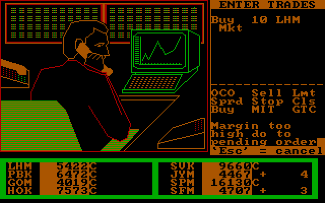 Speculator: A Futures Market Simulator IBM PC/Compatibles Screenshot: Oops, margin too high due to pending orders...
