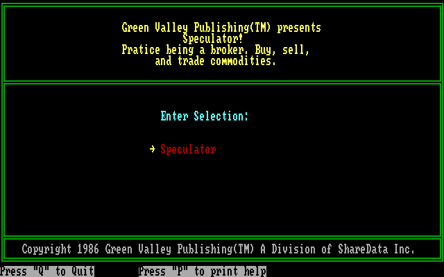 Speculator: A Futures Market Simulator IBM PC/Compatibles Screenshot: Green Valley Publishing version setup menu.