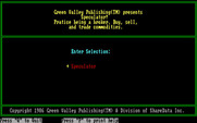 Speculator: A Futures Market Simulator for IBM PC/Compatibles - Green Valley Publishing version setup menu.
