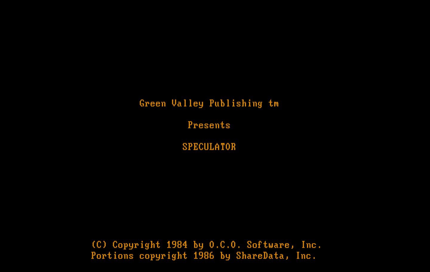 Speculator: A Futures Market Simulator IBM PC/Compatibles Screenshot: Loading screen (Green Valley Publishing version).