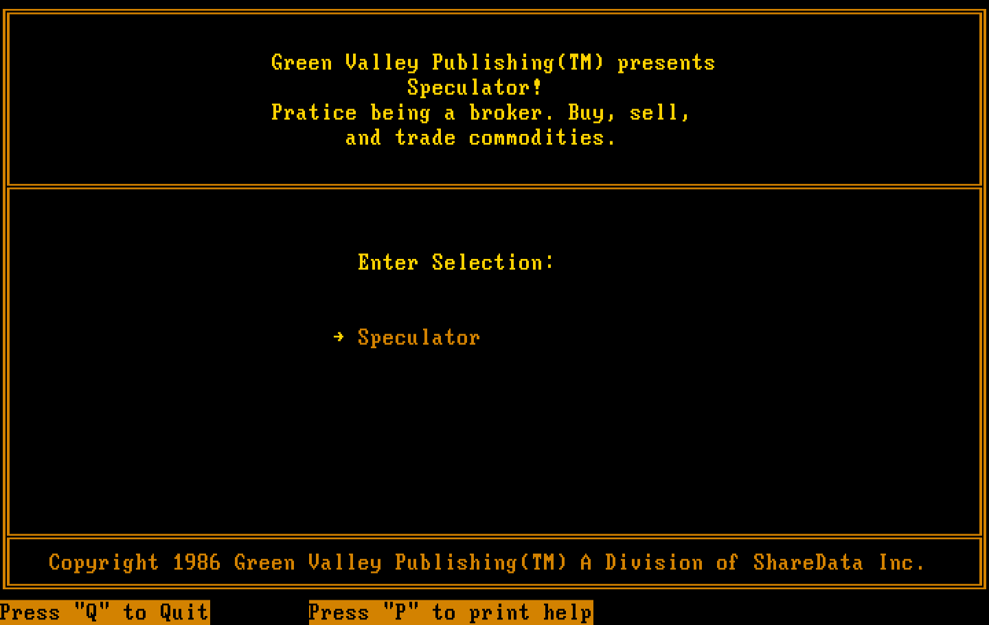 Speculator: A Futures Market Simulator IBM PC/Compatibles Screenshot: Green Valley Publishing version setup menu.