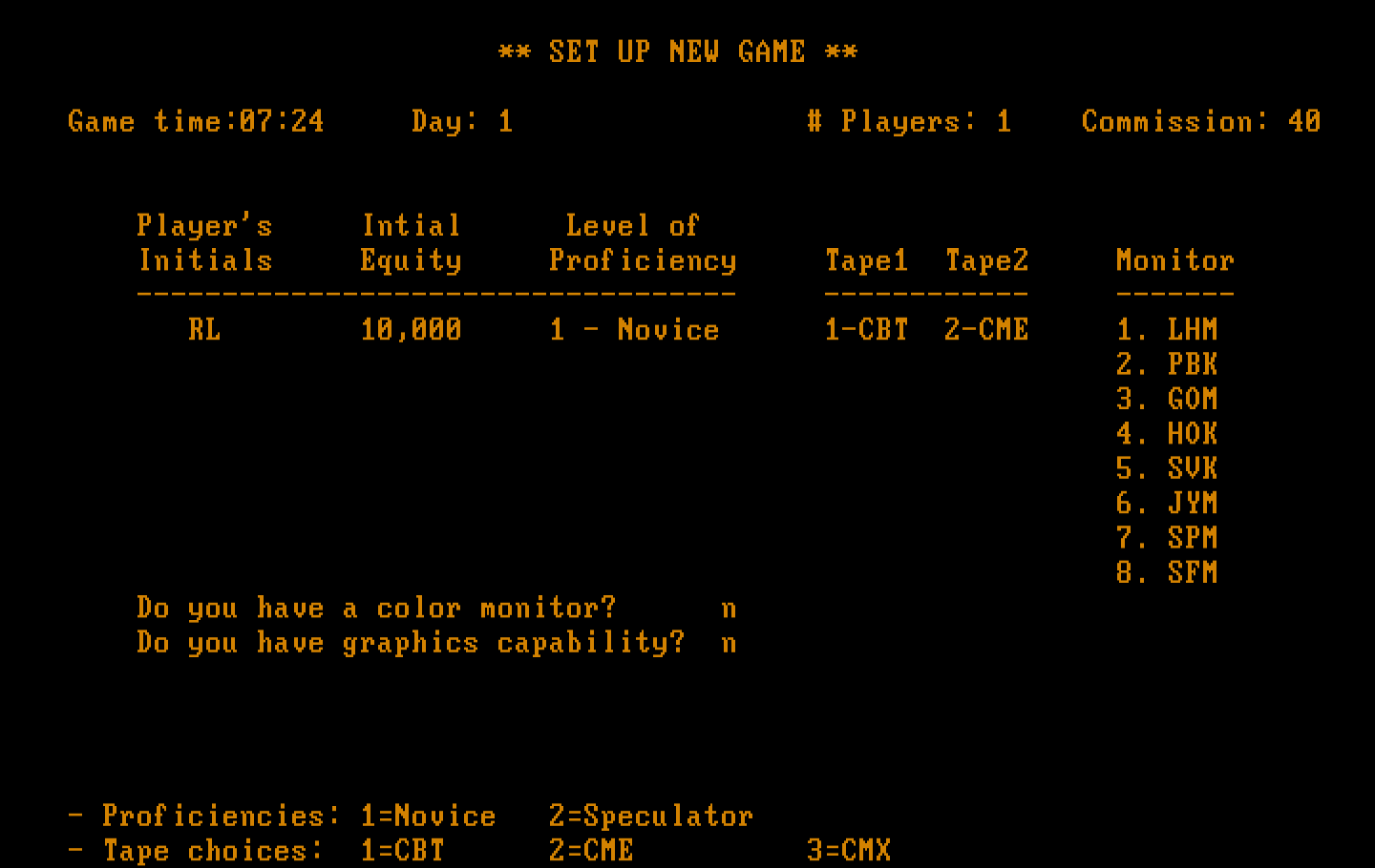 Speculator: A Futures Market Simulator IBM PC/Compatibles Screenshot: Game setup menu.