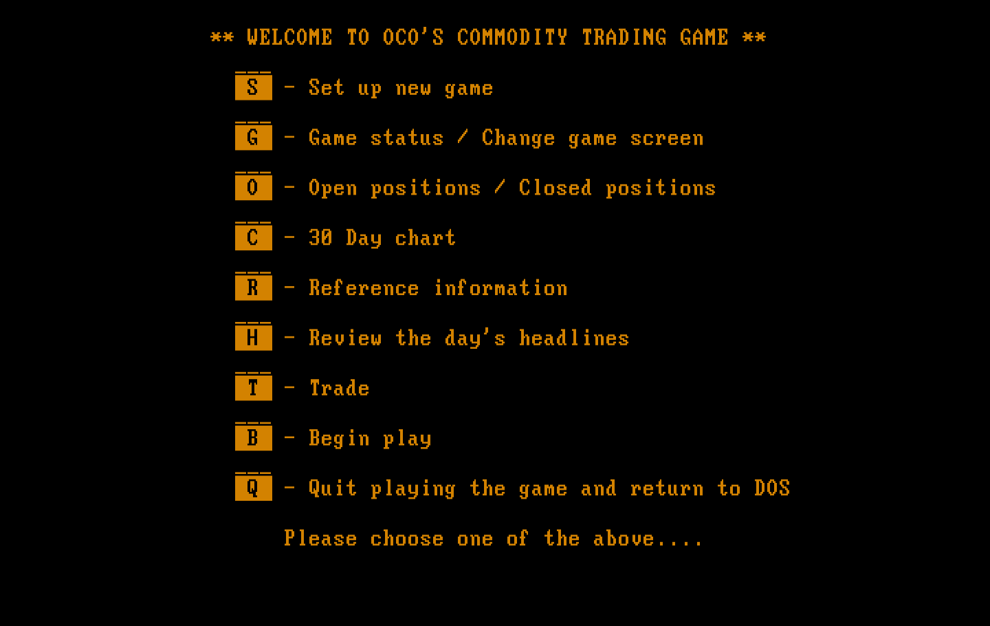 Speculator: A Futures Market Simulator IBM PC/Compatibles Screenshot: The main menu.