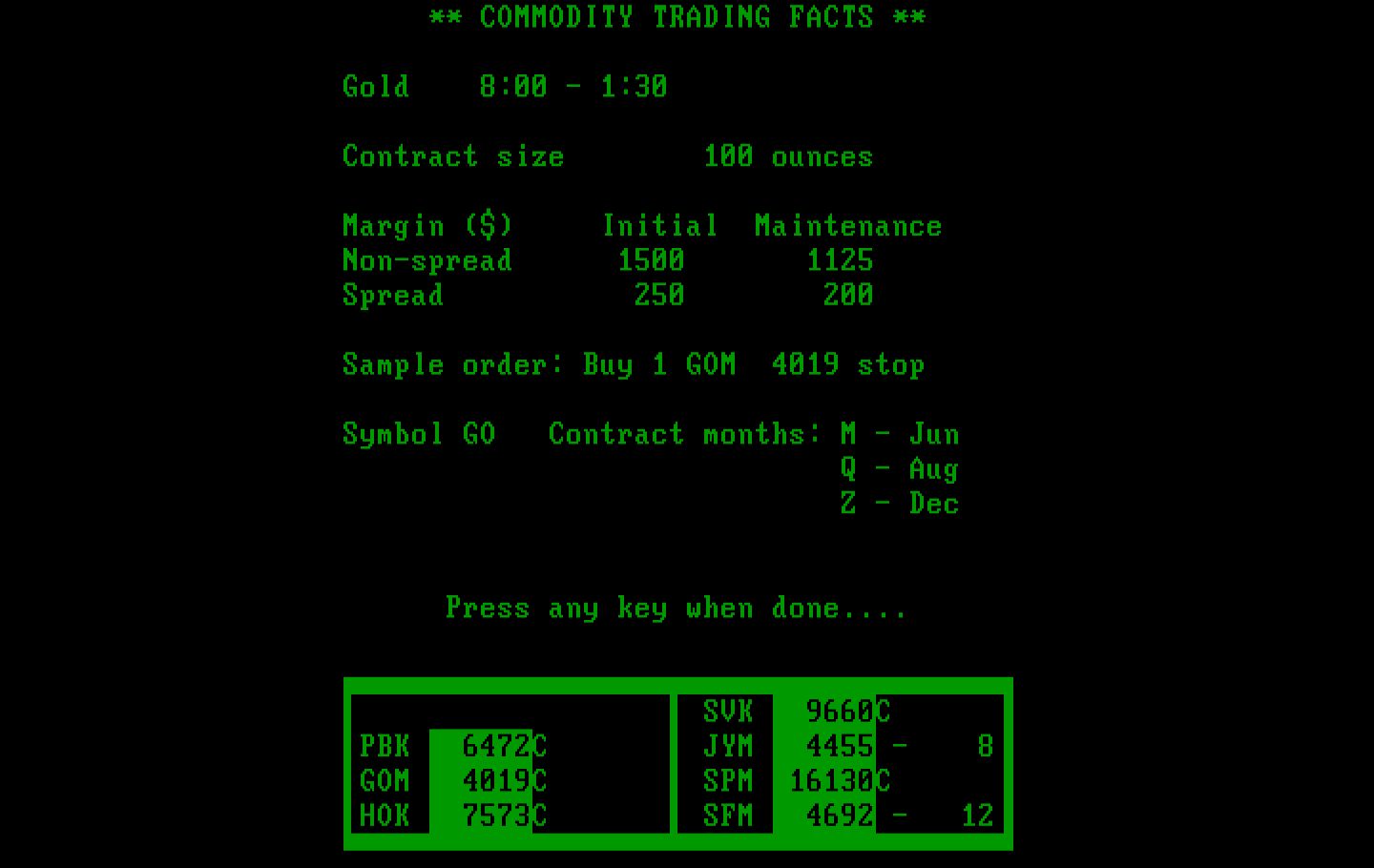 Speculator: A Futures Market Simulator IBM PC/Compatibles Screenshot: Commodity trading facts.