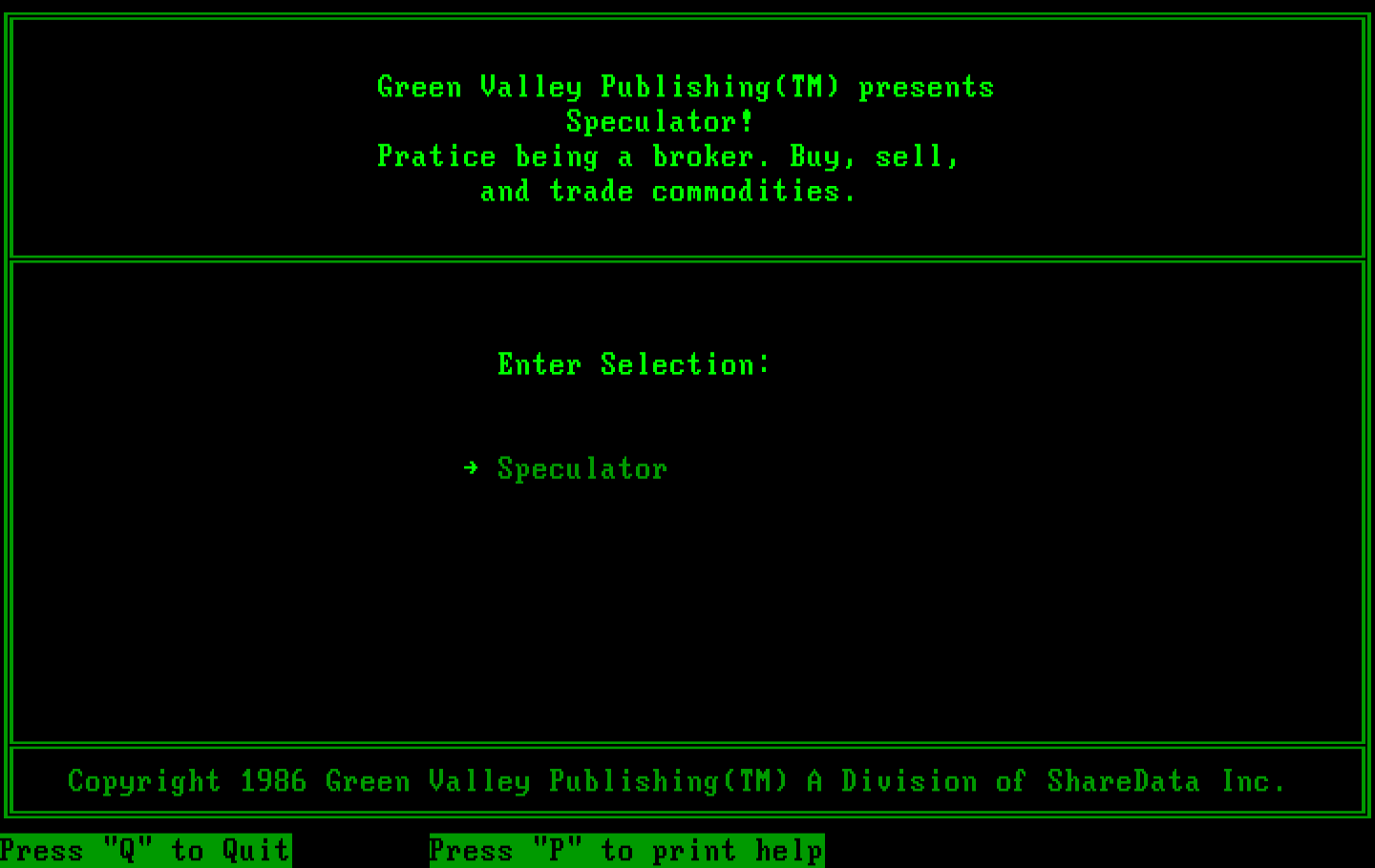 Speculator: A Futures Market Simulator IBM PC/Compatibles Screenshot: Green Valley Publishing version setup menu.