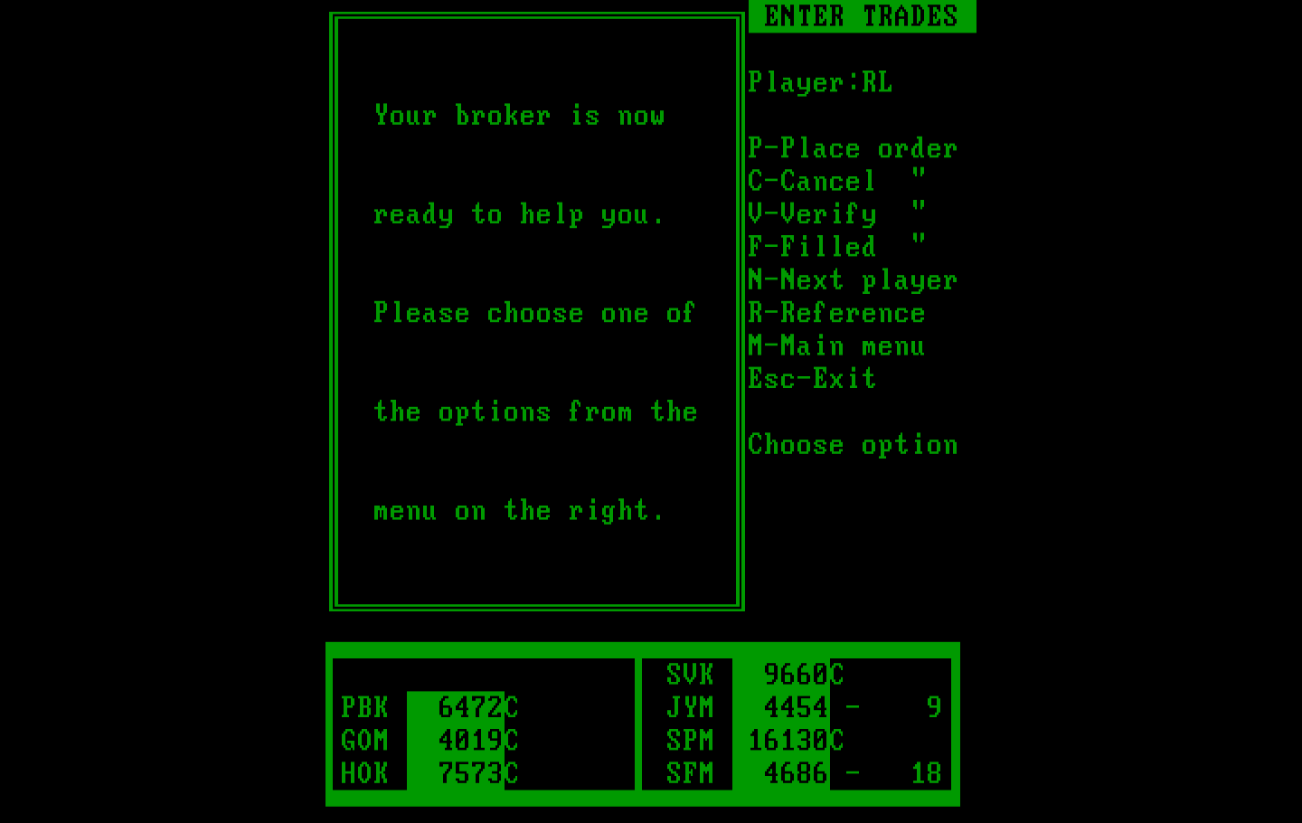 Speculator: A Futures Market Simulator IBM PC/Compatibles Screenshot: On the phone with my broker...