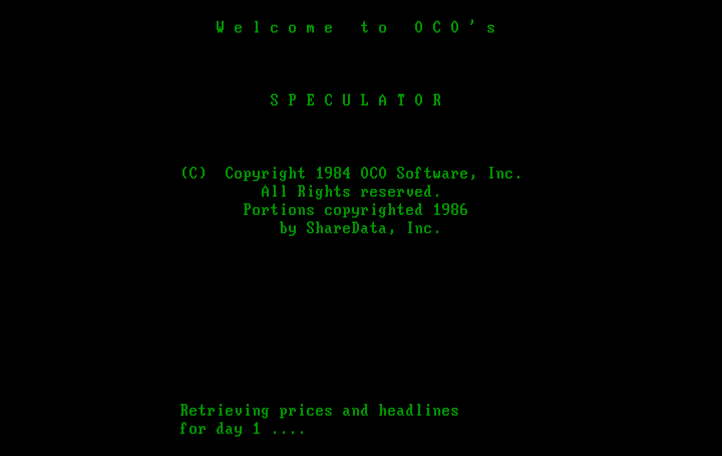 Speculator: A Futures Market Simulator IBM PC/Compatibles Screenshot: Title screen.