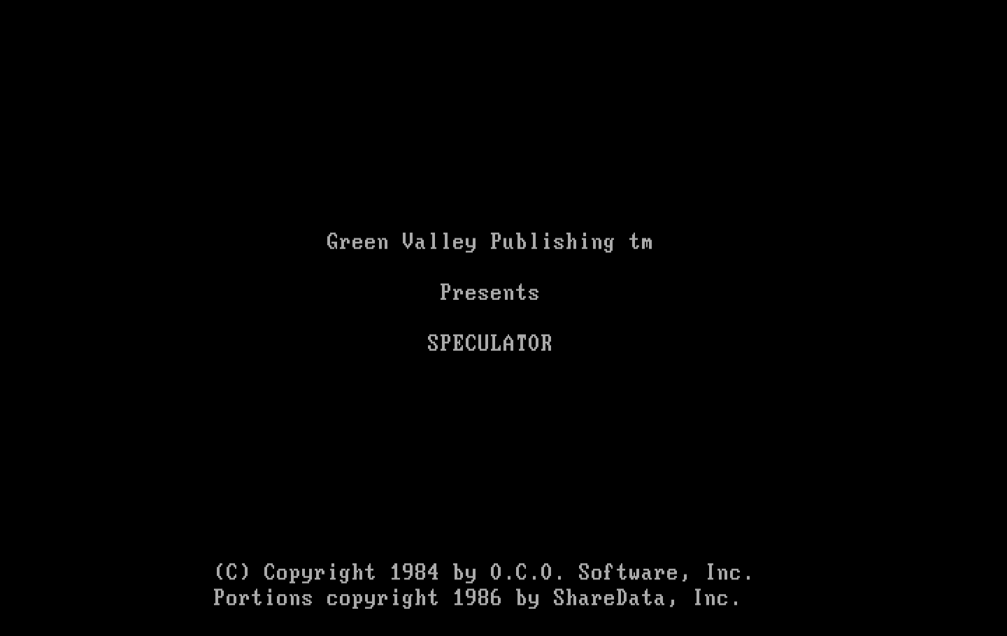 Speculator: A Futures Market Simulator IBM PC/Compatibles Screenshot: Loading screen (Green Valley Publishing version).