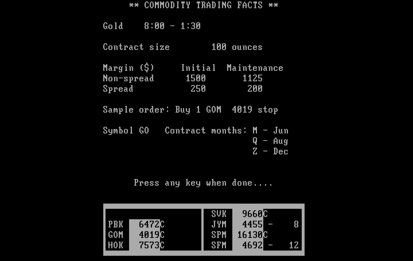 Speculator: A Futures Market Simulator IBM PC/Compatibles Screenshot: Commodity trading facts.