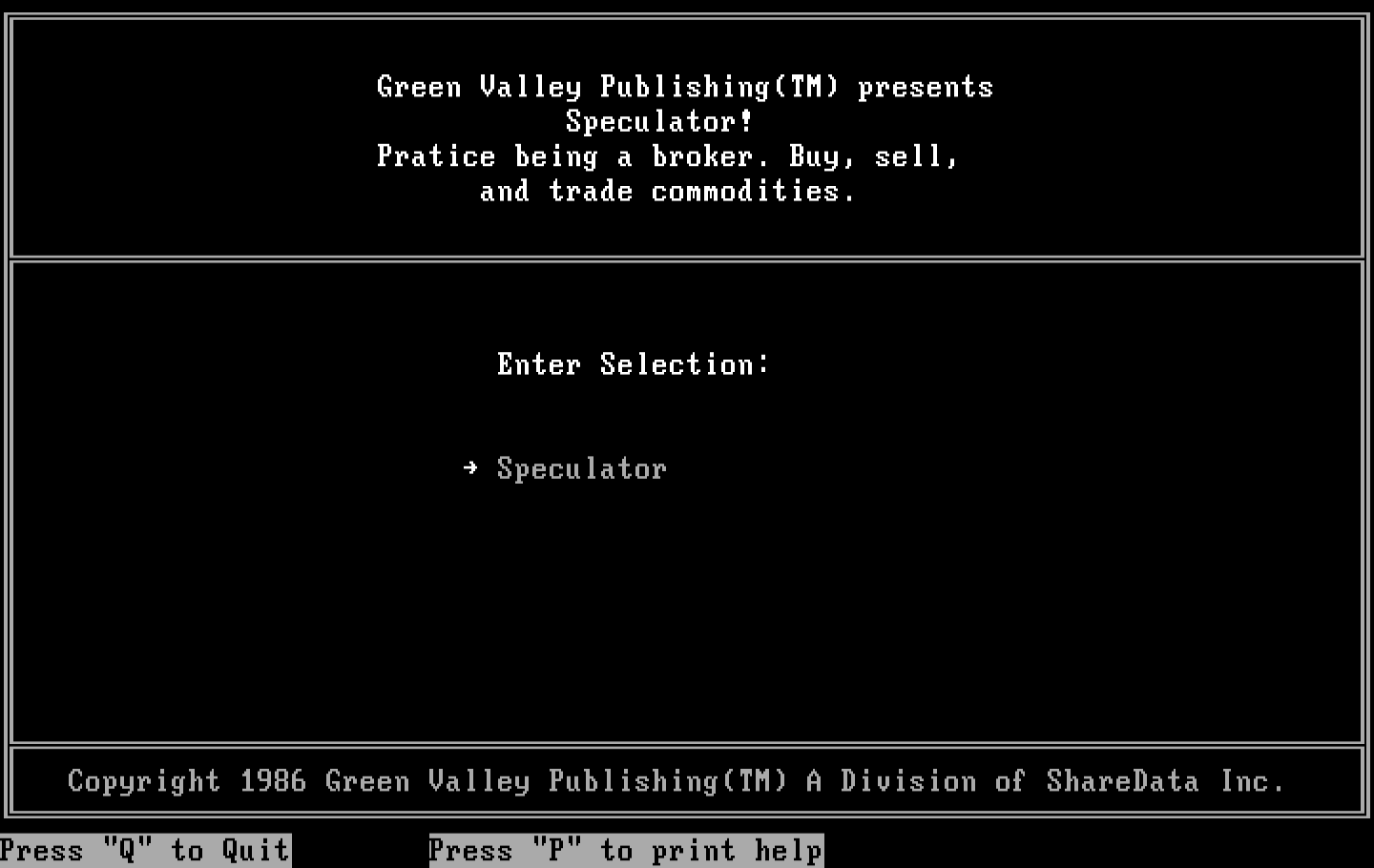 Speculator: A Futures Market Simulator IBM PC/Compatibles Screenshot: Green Valley Publishing version setup menu.