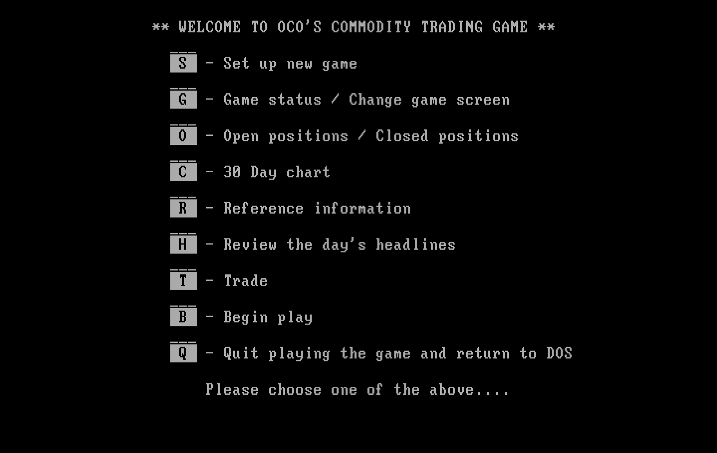 Speculator: A Futures Market Simulator IBM PC/Compatibles Screenshot: The main menu.