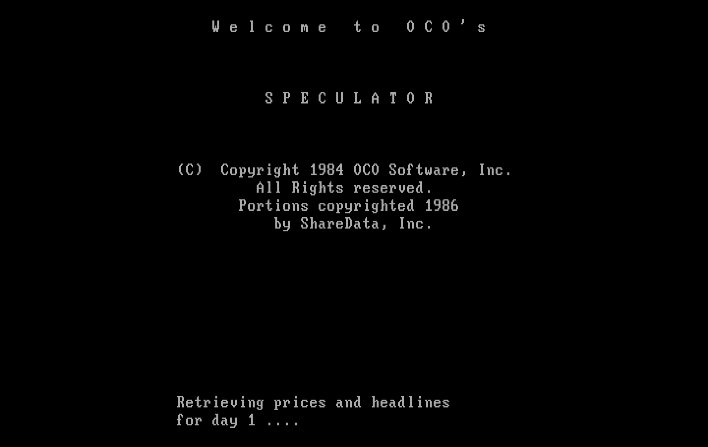 Speculator: A Futures Market Simulator IBM PC/Compatibles Screenshot: Title screen.