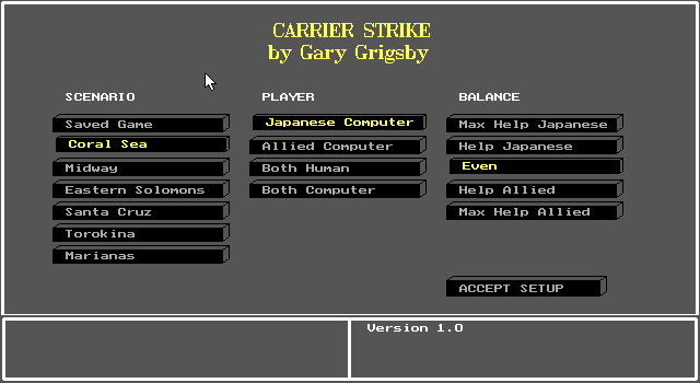 Carrier Strike: South Pacific 1942-44 IBM PC/Compatibles Screenshot: Main menu.